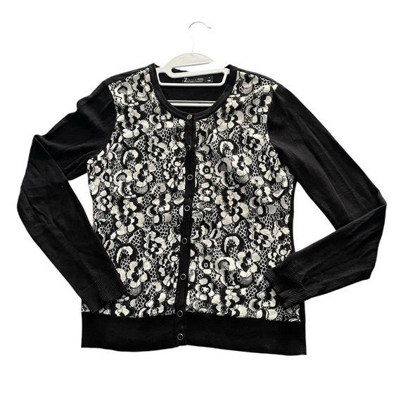 7th Avenue Black and Cream Floral Print Long Sleeve Cardigan Size S - Picture 4 of 6